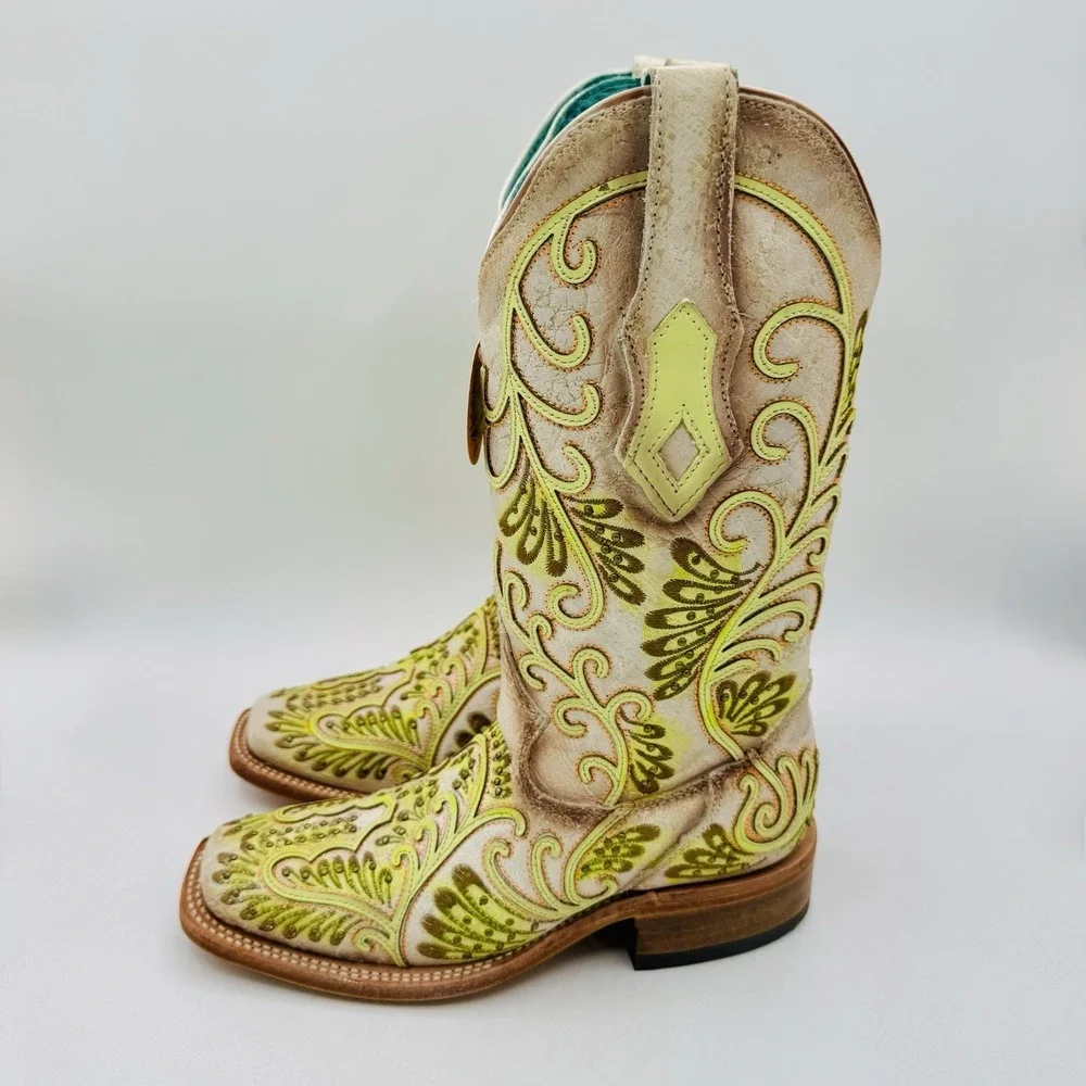 Corral Studded Boots Women's Size 6 M White Floral Green Leather Square Toe‎